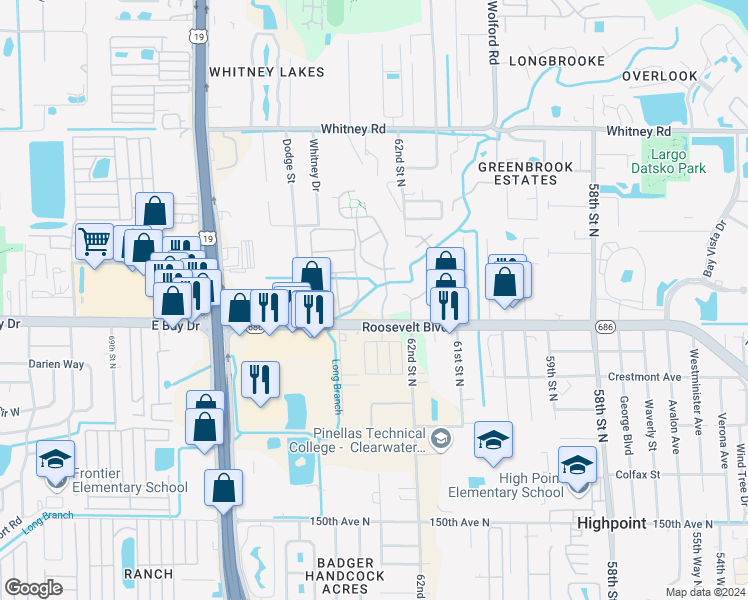 map of restaurants, bars, coffee shops, grocery stores, and more near in Largo