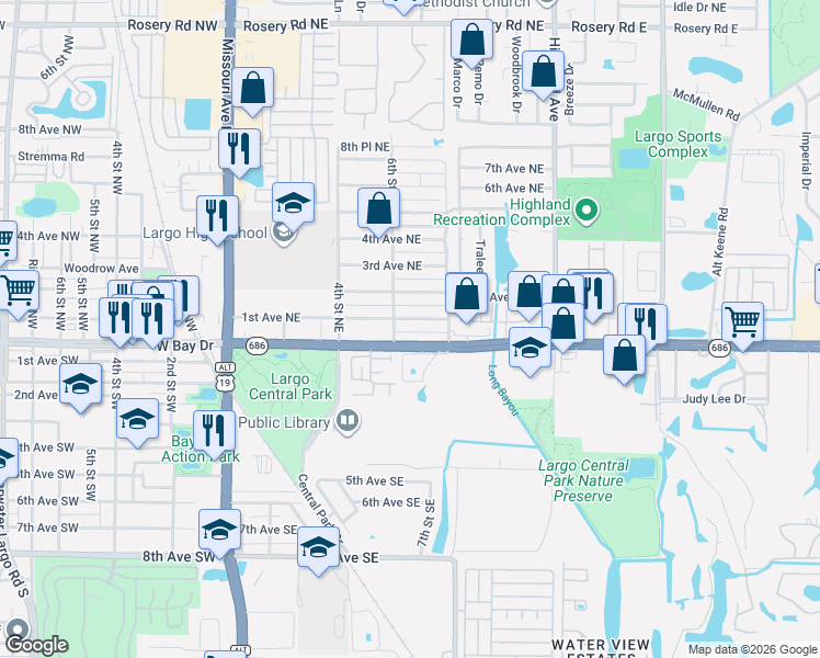 map of restaurants, bars, coffee shops, grocery stores, and more near 703 East Bay Drive in Largo