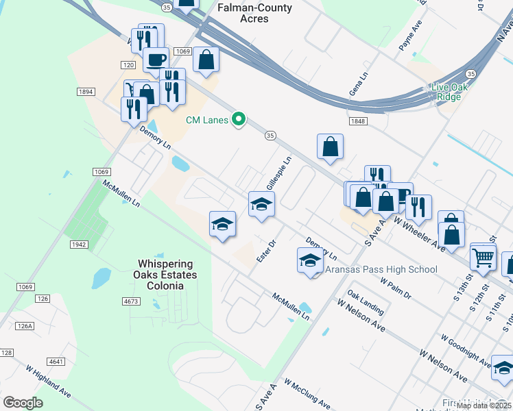 map of restaurants, bars, coffee shops, grocery stores, and more near 2103 Demory Lane in Aransas Pass