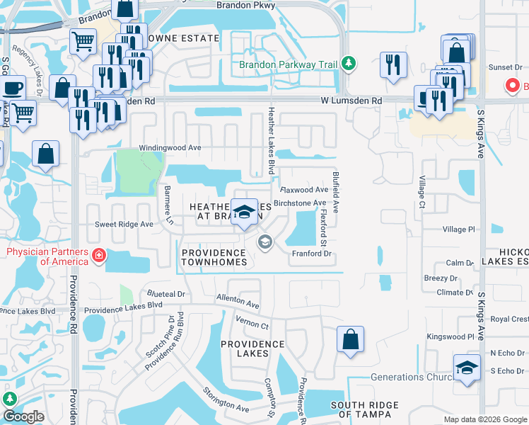map of restaurants, bars, coffee shops, grocery stores, and more near 1214 Etchfield Circle in Brandon