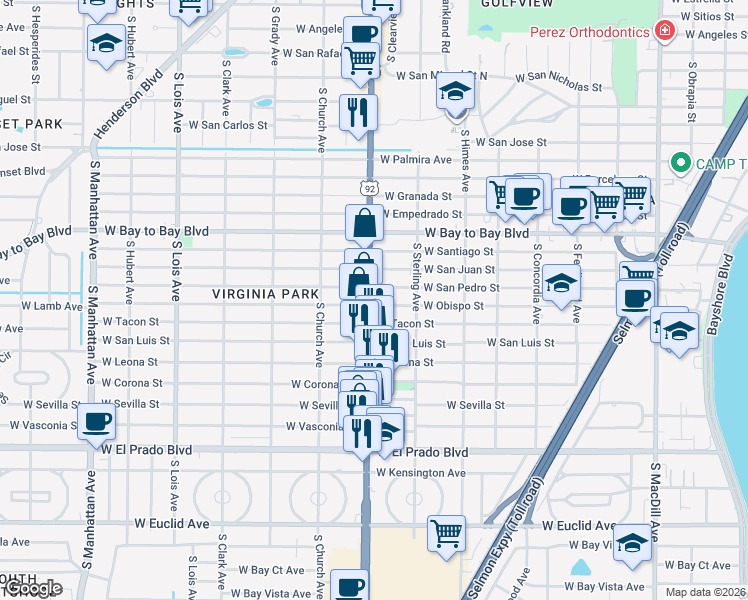 map of restaurants, bars, coffee shops, grocery stores, and more near 3723 West Tacon Street in Tampa