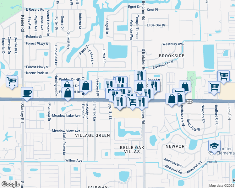 map of restaurants, bars, coffee shops, grocery stores, and more near 3705 East Bay Drive in Largo