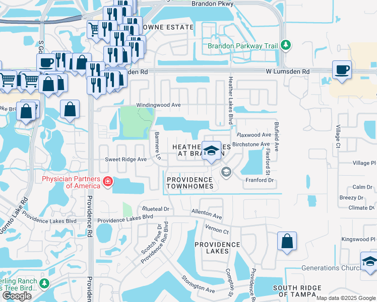 map of restaurants, bars, coffee shops, grocery stores, and more near 1230 Sweet Gum Drive in Brandon