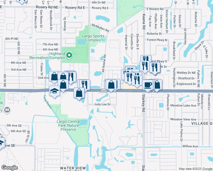 map of restaurants, bars, coffee shops, grocery stores, and more near 7 Plantation Drive in Largo