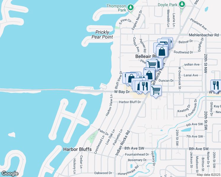 map of restaurants, bars, coffee shops, grocery stores, and more near 100 Bluff View Drive in Belleair Bluffs