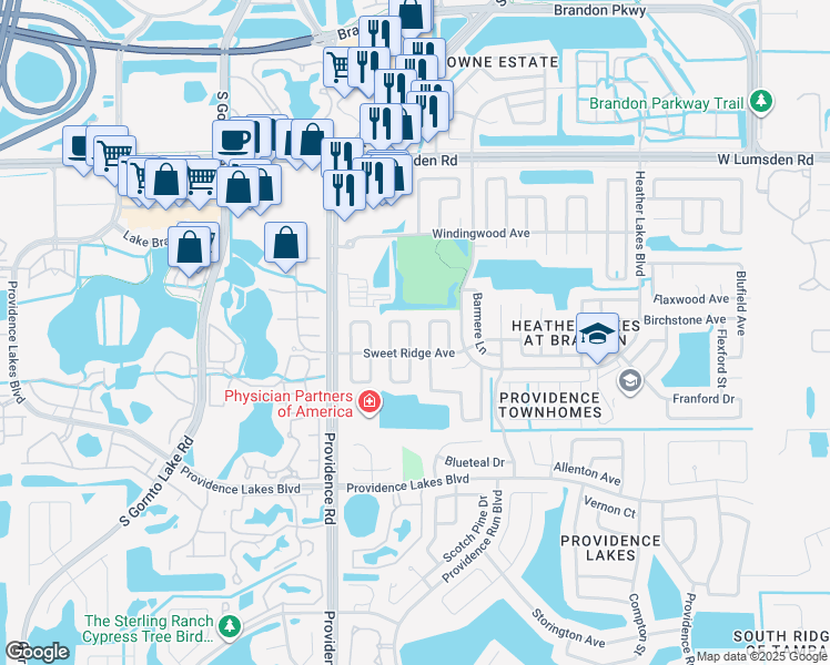 map of restaurants, bars, coffee shops, grocery stores, and more near 1239 Coolmont Drive in Brandon