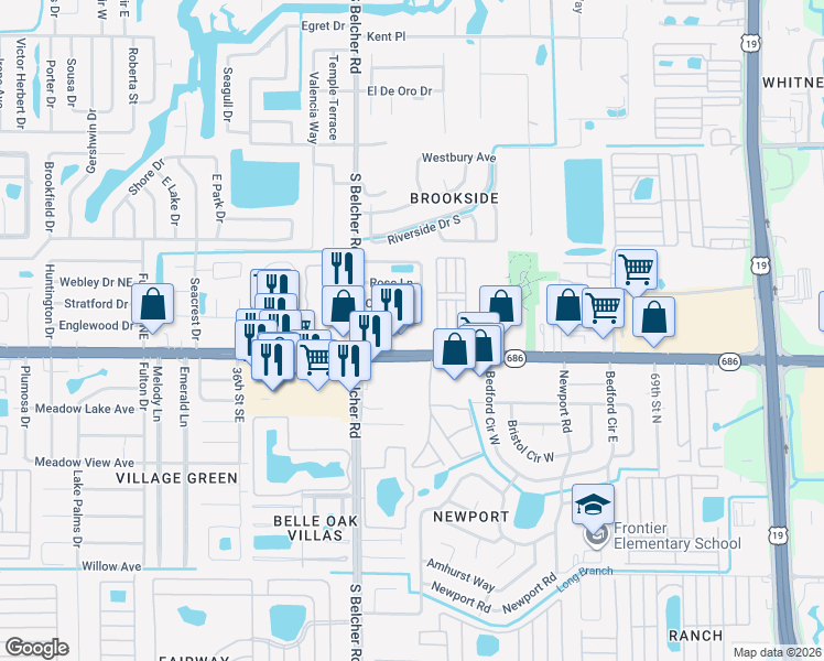 map of restaurants, bars, coffee shops, grocery stores, and more near 2221 Euclid Circle South in Clearwater