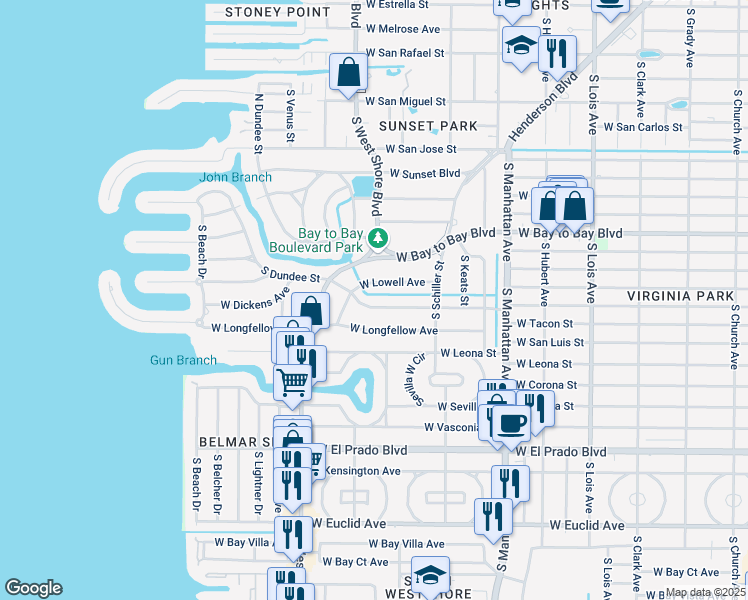map of restaurants, bars, coffee shops, grocery stores, and more near 4625 West Lowell Avenue in Tampa