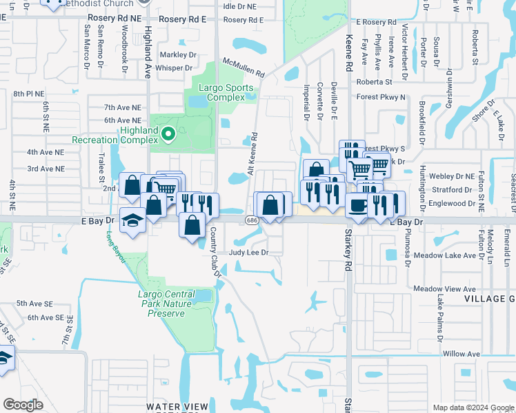 map of restaurants, bars, coffee shops, grocery stores, and more near 7 Plantation Drive in Largo
