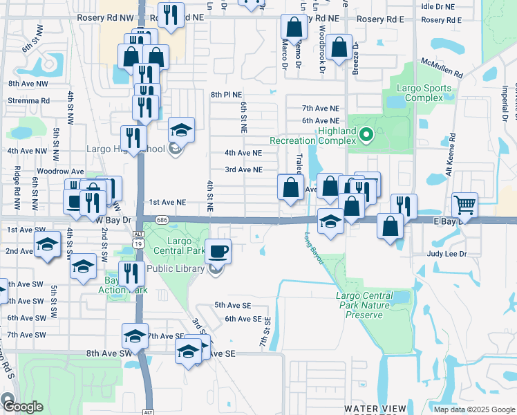 map of restaurants, bars, coffee shops, grocery stores, and more near 615 2nd Avenue Northeast in Largo