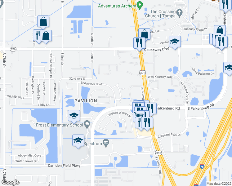 map of restaurants, bars, coffee shops, grocery stores, and more near 3910 Bellewater Boulevard in Riverview