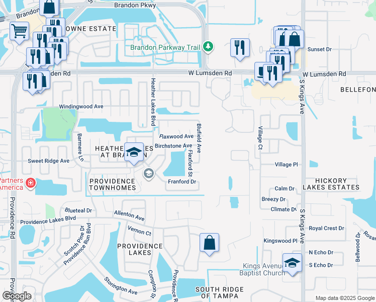 map of restaurants, bars, coffee shops, grocery stores, and more near 1205 Flexford Street in Brandon