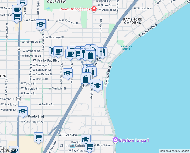 map of restaurants, bars, coffee shops, grocery stores, and more near 2906 Janice Way in Tampa
