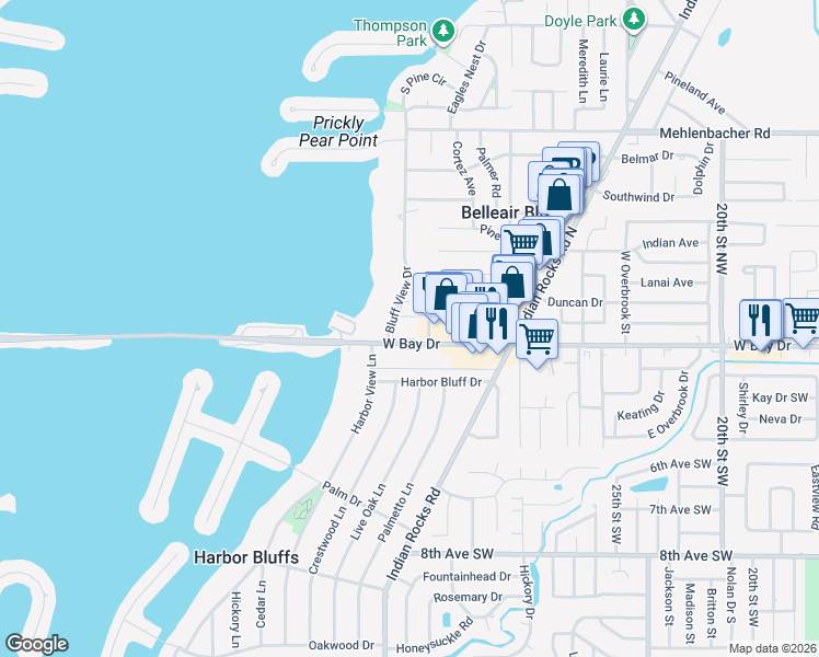 map of restaurants, bars, coffee shops, grocery stores, and more near 139 Bluff View Drive in Belleair Bluffs