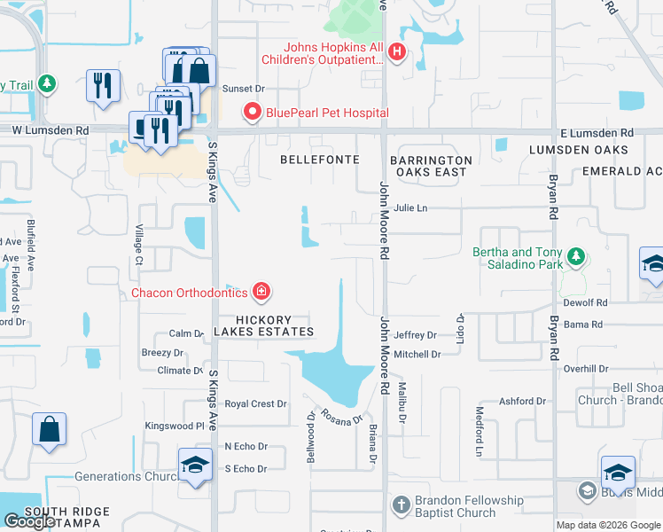 map of restaurants, bars, coffee shops, grocery stores, and more near 1604 Loriana Street in Brandon