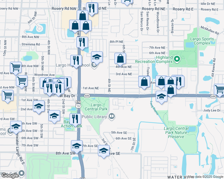map of restaurants, bars, coffee shops, grocery stores, and more near 409 1st Avenue Northeast in Largo