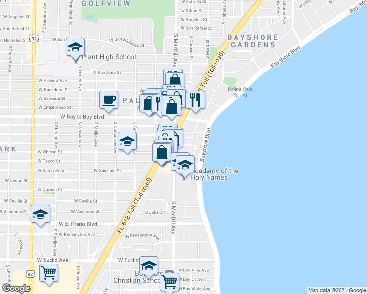 map of restaurants, bars, coffee shops, grocery stores, and more near 2906 Janice Way in Tampa