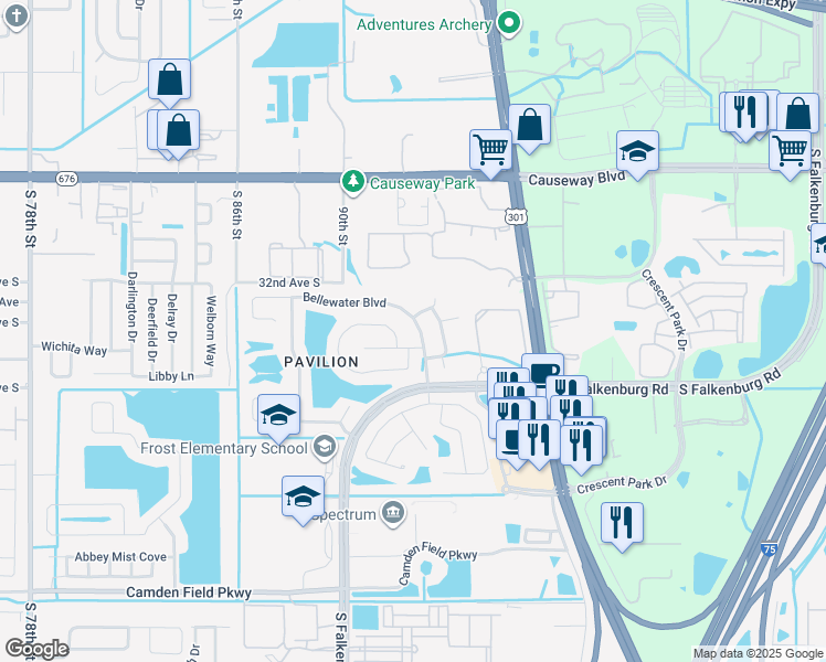 map of restaurants, bars, coffee shops, grocery stores, and more near 3853 Bellewater Boulevard in Riverview