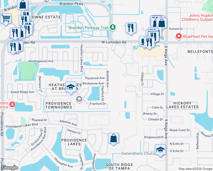map of restaurants, bars, coffee shops, grocery stores, and more near 1408 Birchstone Avenue in Brandon