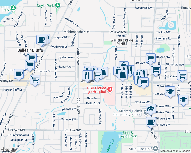 map of restaurants, bars, coffee shops, grocery stores, and more near 121 Velma Drive West in Largo