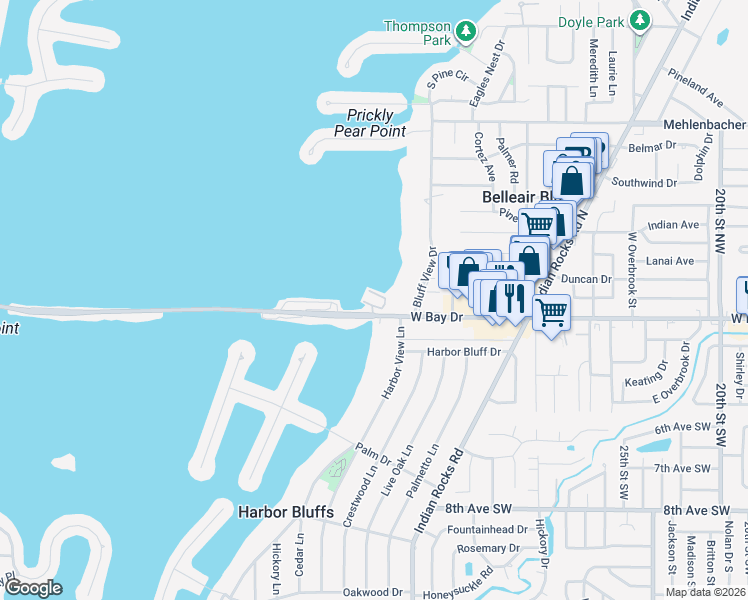 map of restaurants, bars, coffee shops, grocery stores, and more near 100 Bluff View Drive in Belleair Bluffs