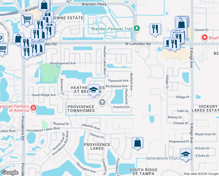map of restaurants, bars, coffee shops, grocery stores, and more near 1446 Birchstone Avenue in Brandon