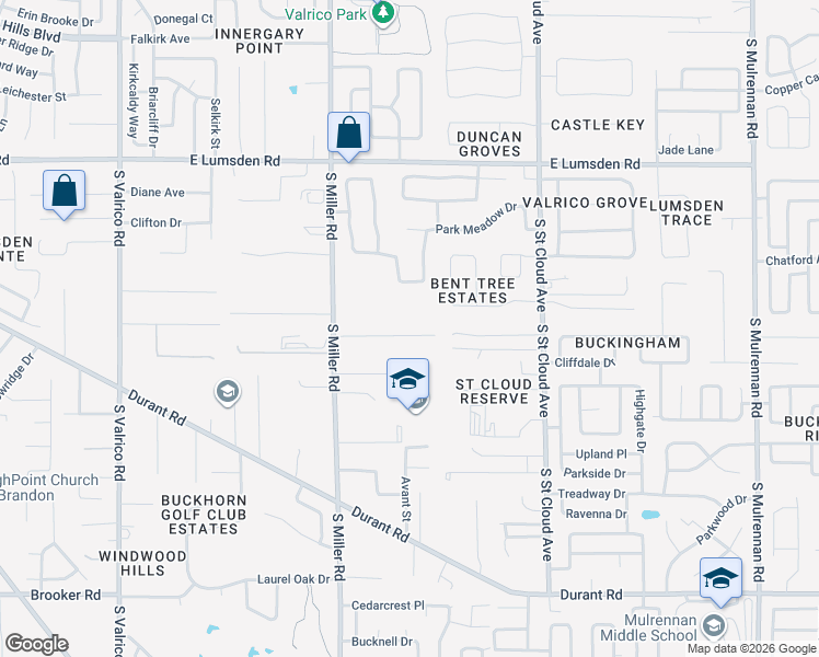 map of restaurants, bars, coffee shops, grocery stores, and more near 2418 Stonehill Avenue in Valrico