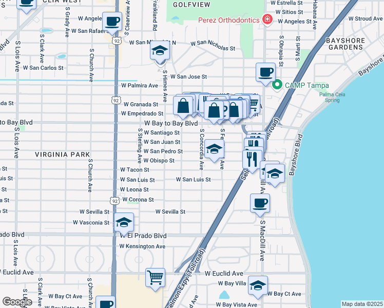map of restaurants, bars, coffee shops, grocery stores, and more near 3419 West San Pedro Street in Tampa