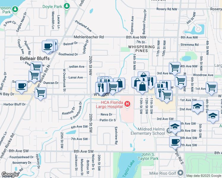 map of restaurants, bars, coffee shops, grocery stores, and more near 121 Velma Drive West in Largo