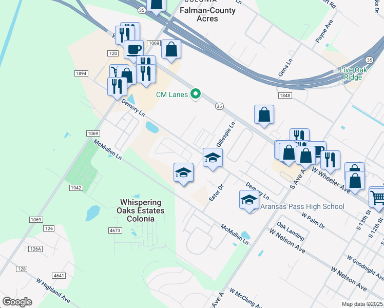 map of restaurants, bars, coffee shops, grocery stores, and more near 309 Pvt Road 120E in Aransas Pass