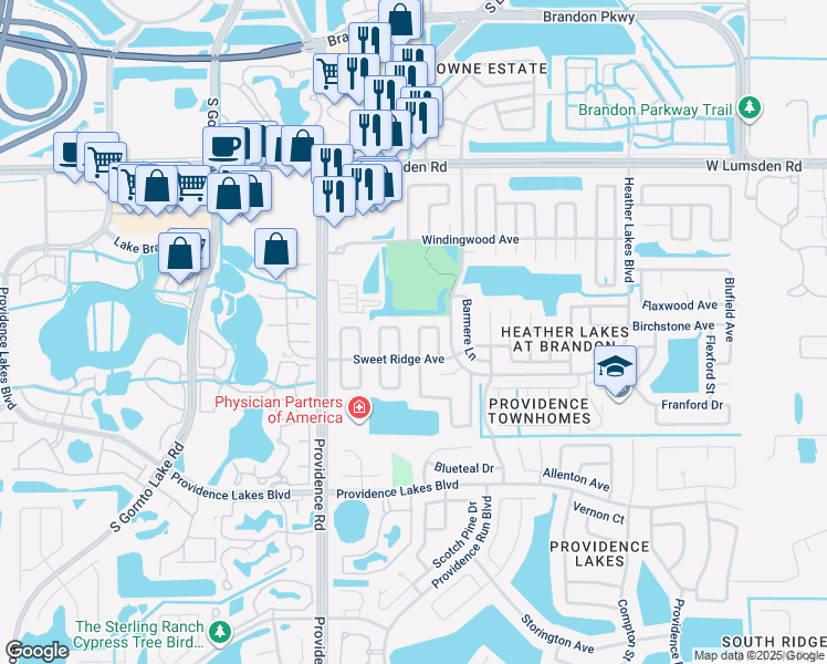 map of restaurants, bars, coffee shops, grocery stores, and more near 1213 Mohrlake Drive in Brandon