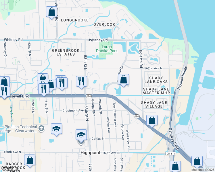 map of restaurants, bars, coffee shops, grocery stores, and more near 15894 Bay Vista Drive in Clearwater