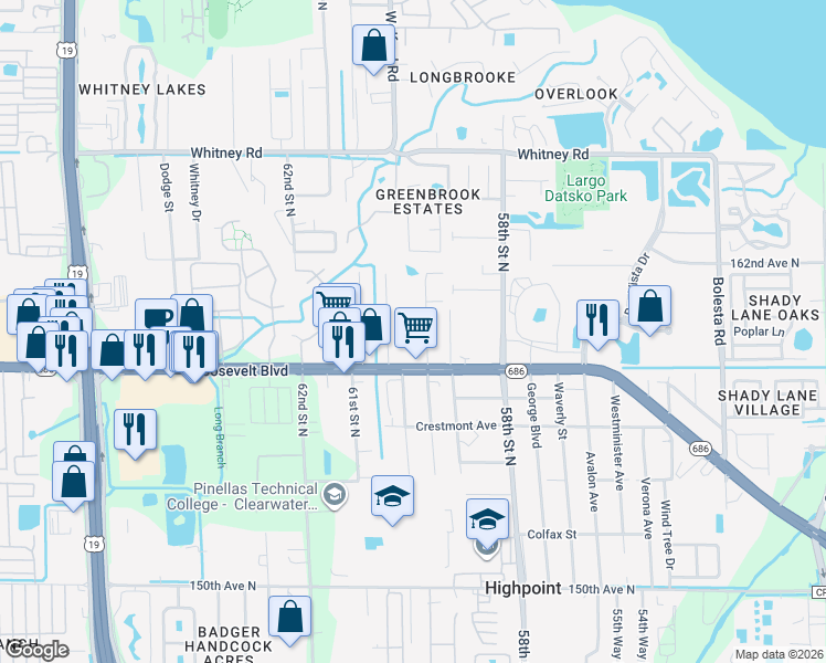 map of restaurants, bars, coffee shops, grocery stores, and more near 2166 Bradford Street in Clearwater