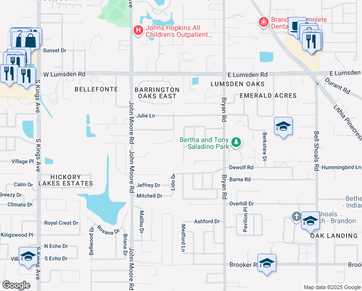 map of restaurants, bars, coffee shops, grocery stores, and more near 1414 Gertrude Drive in Brandon