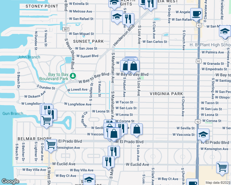 map of restaurants, bars, coffee shops, grocery stores, and more near 3107 South Manhattan Avenue in Tampa