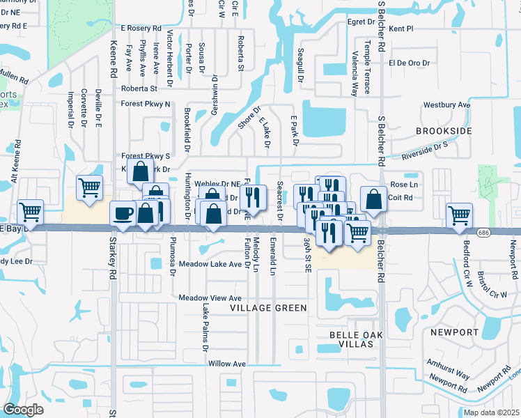 map of restaurants, bars, coffee shops, grocery stores, and more near 3300 Sherwood Drive in Largo