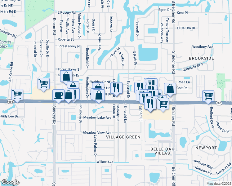 map of restaurants, bars, coffee shops, grocery stores, and more near 3300 Sherwood Drive in Largo