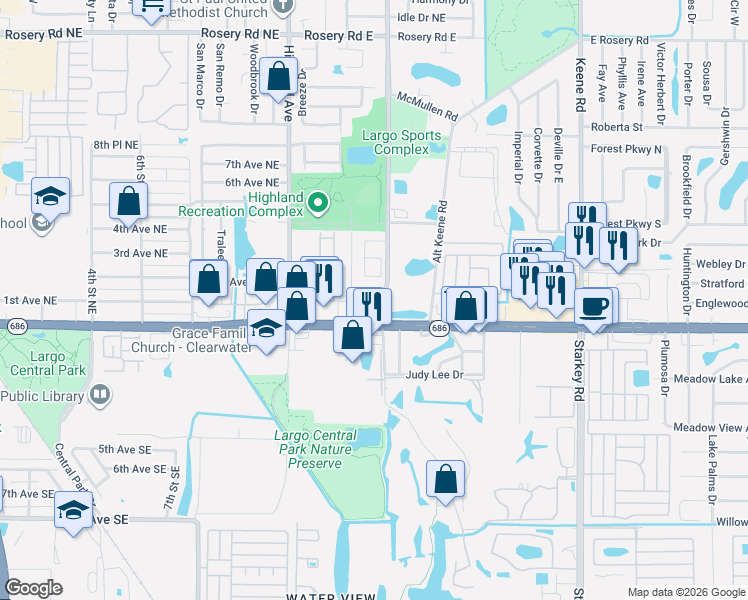 map of restaurants, bars, coffee shops, grocery stores, and more near 101 Lake Avenue Northeast in Largo