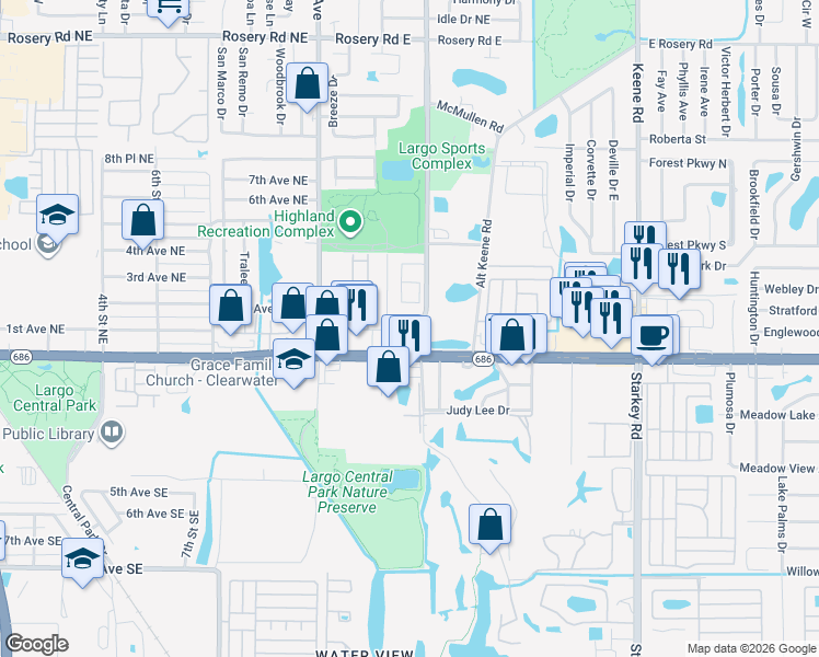map of restaurants, bars, coffee shops, grocery stores, and more near 101 Lake Avenue Northeast in Largo