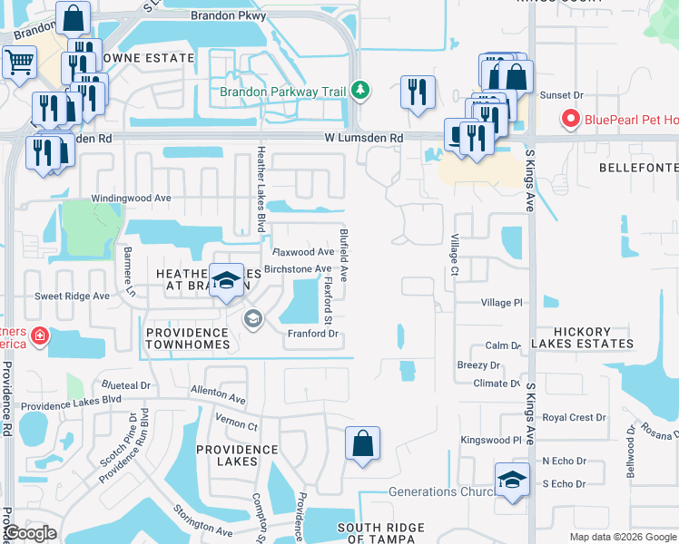 map of restaurants, bars, coffee shops, grocery stores, and more near 1210 Blufield Avenue in Brandon