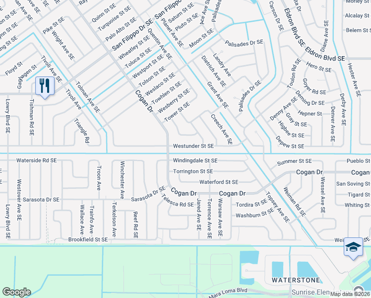 map of restaurants, bars, coffee shops, grocery stores, and more near 1139 Westunder Street Southeast in Palm Bay