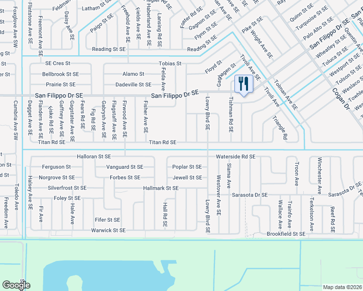 map of restaurants, bars, coffee shops, grocery stores, and more near 525 Titan Road Southeast in Palm Bay