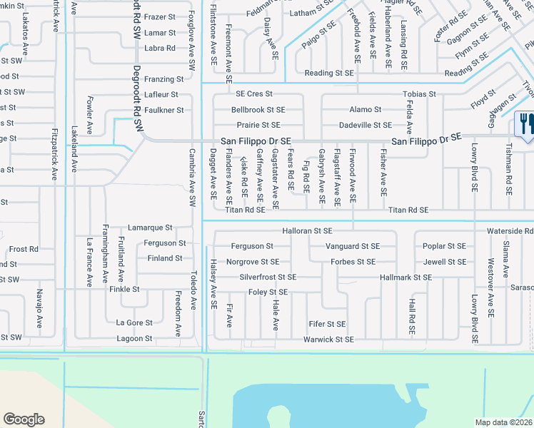 map of restaurants, bars, coffee shops, grocery stores, and more near 199 Titan Road Southeast in Palm Bay