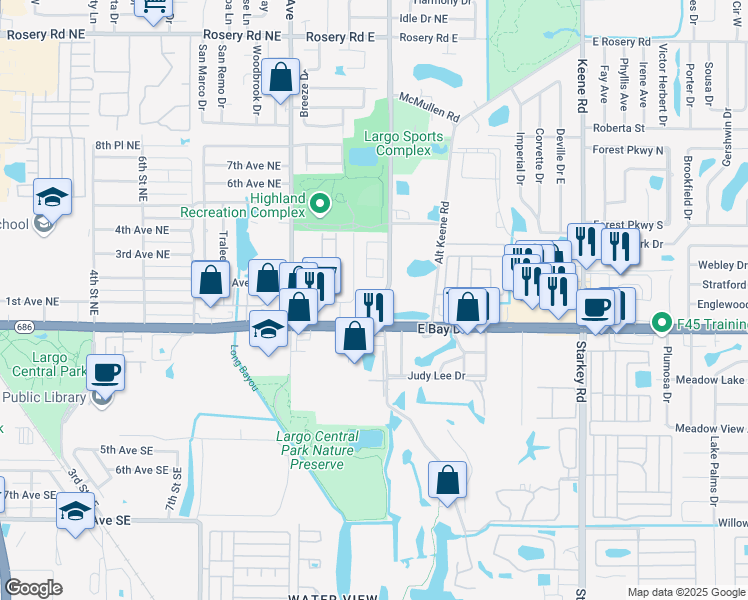 map of restaurants, bars, coffee shops, grocery stores, and more near 101 Lake Avenue Northeast in Largo