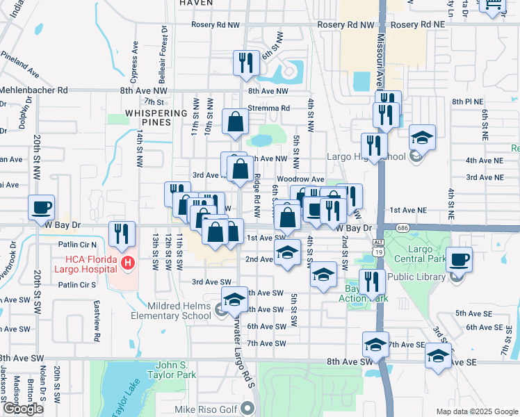map of restaurants, bars, coffee shops, grocery stores, and more near 158 Ridge Road Northwest in Largo