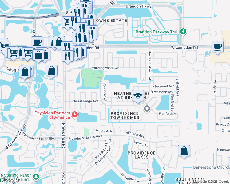 map of restaurants, bars, coffee shops, grocery stores, and more near 1211 Sweet Gum Drive in Brandon