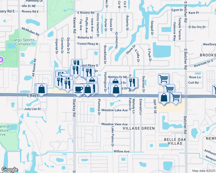 map of restaurants, bars, coffee shops, grocery stores, and more near 172 Huntington Drive in Largo