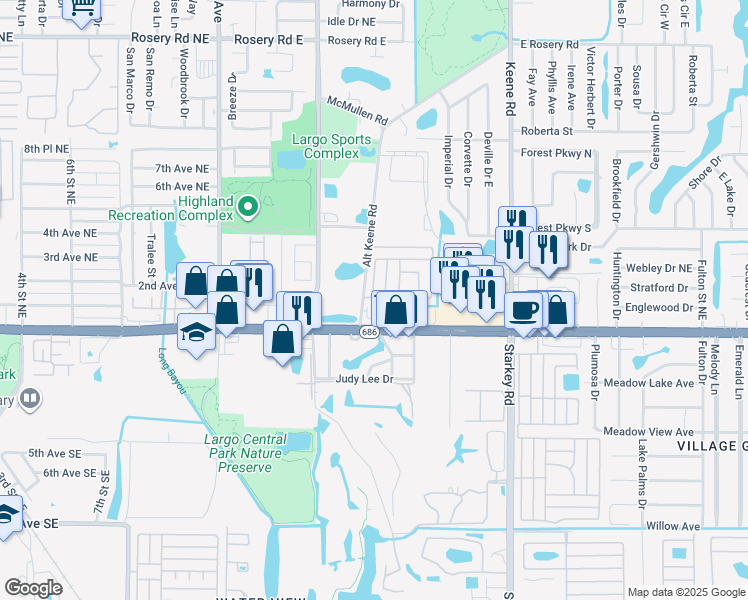 map of restaurants, bars, coffee shops, grocery stores, and more near 7 Plantation Drive in Largo