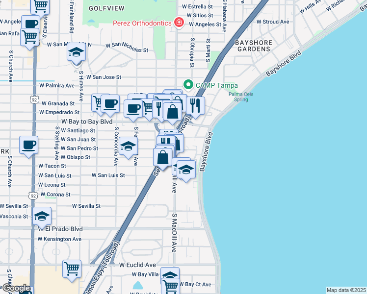 map of restaurants, bars, coffee shops, grocery stores, and more near 2906 Janice Way in Tampa