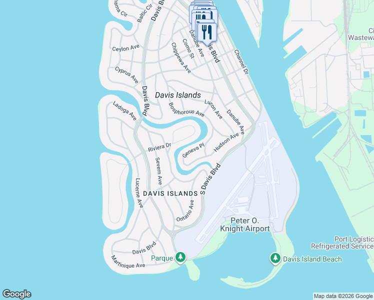 map of restaurants, bars, coffee shops, grocery stores, and more near 654 Geneva Place in Tampa